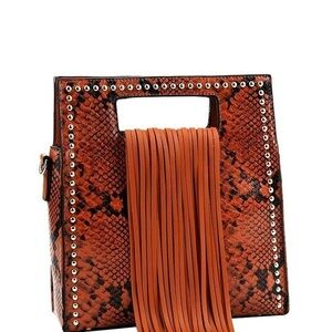 Fringe Accent Snake Print Cut-out Handle 2-Way Medium Satchel MH-D0499 NWOT